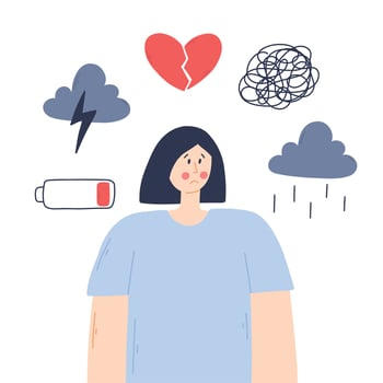 Depressed woman with confused thoughts in her head. Young sad girl in depression. Vector illustration.