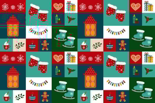 Merry Christmas abstract geometric pattern. Mittens, skates, caramel cane, gingerbread house, candles, gingerbread, snowflakes, holly in geometric style vector