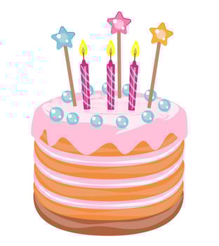 Pink cake with candles isolated on white. Vector illustration for cards and stickers