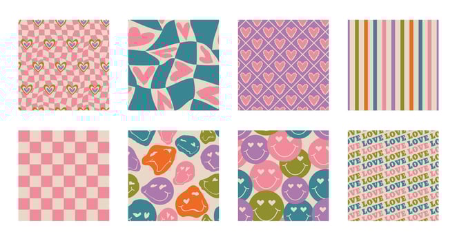 Aesthetic Retro Romantic printable groovy hearts seamless pattern. Decorative Hippie Naive 60's, 70's style Vintage modern background in minimalist style for fabric, wallpaper or wrapping vector