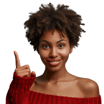 AI generated Young African American woman pointing up her finger on for offer, news or show. Happy promotion and announcement of person isolated on transparent background for excited and information. png