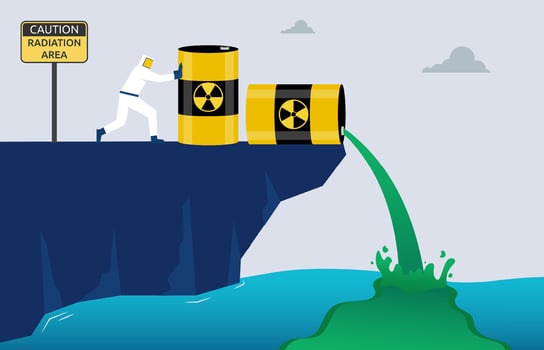 Worker dump radioactive waste into the sea, hazardous waste water pollution, global concern for human and environment health, harmful material contamination vector