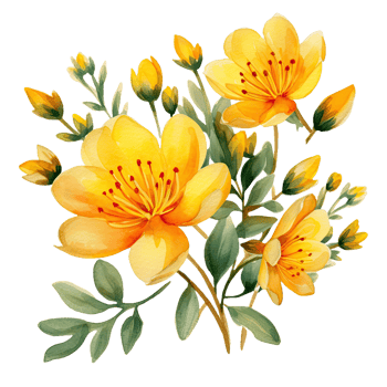 AI generated Watercolor yellow hypericum flowers with leaf isolated on transparent background. png