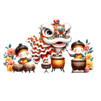 AI generated Watercolor clipart of Lion Dance Perform with Drummer boys. png