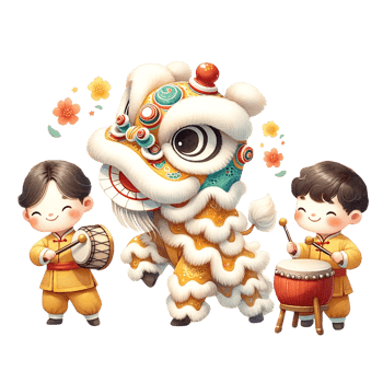 AI generated Watercolor clipart of Lion Dance Perform with Drummer boys. png