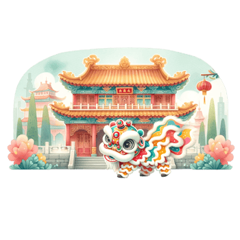 AI generated Watercolor clipart of lion dance on the background of the Chinese temple png