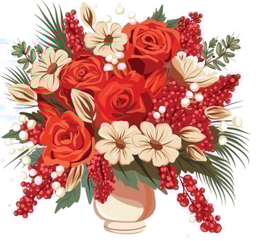 Vector rose flowers in a vase isolated on a blue background. A bright bouquet for the holiday. Vector bouquet of flowers in a vase. Roses, set of flowers, leaves. Vase. Spring bouquet