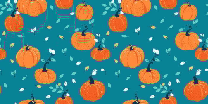 Seamless pattern with cute, autumn pumpkins and leaves. Vector hand drawn abstract pumpkin print. Perfect for fall, Thanksgiving, Halloween, holidays. Template for design, fabric, textile