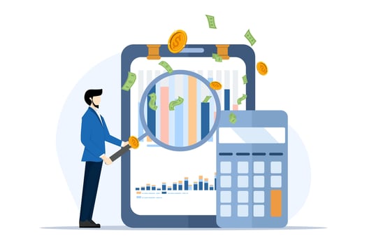 Audit Service Assistance Concept. Financial reports, bookkeeping analysis, investor assessment of company costs, company financial management. flat vector modern illustration on white background.