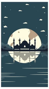 Mosque Silhouette with Mountains and Full Moon in the Background vector