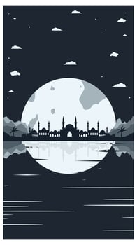 Mosque Silhouette with Mountains and Full Moon in the Background vector