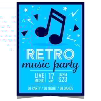 Retro music party invitation poster or banner with dancing music note on the blue background. Vector leaflet or flyer for live music entertainment event  in the nightclub in old vintage style.
