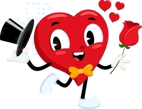Cute Red Heart Retro Cartoon Character Holding A Rose vector
