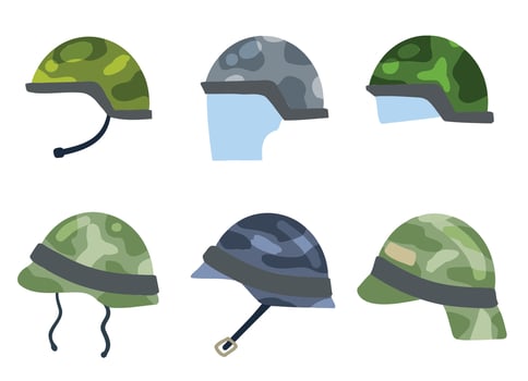 Set of Military helmet of modern soldier. Green protective cap. Collection of Ammunition and uniforms, Flat cartoon isolated on white vector