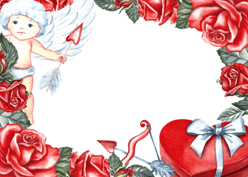 A frame with red roses, cupids and a heart-shaped gift box. Hand-drawn watercolor illustration. A greeting card for lovers, for Valentine's Day and wedding. Also suitable for packaging, poster, flyer png