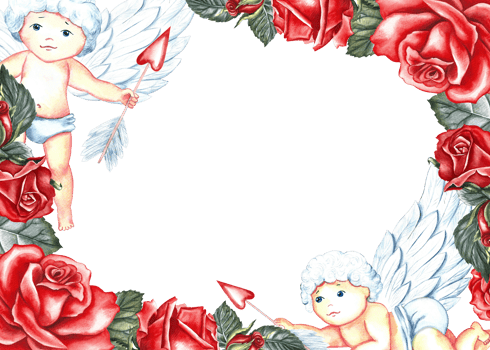 A frame with red roses and cupids. Hand-drawn watercolor illustration. A greeting card for lovers, for Valentine's Day and wedding. It is also suitable for packaging, posters and flyers. png