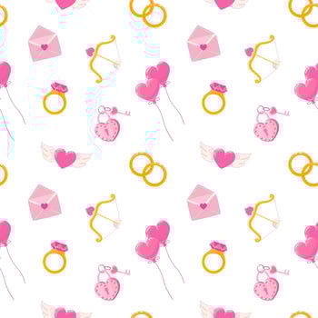 Seamless pattern with love symbol illustrations heart, engagement ring, love letter, balloon, Cupid bow and arrow, lock and key. Valentines day cartoon background vector