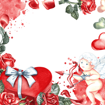 A red heart-shaped gift box with a white bow and a cupid decorated with roses. Hand-drawn watercolor illustration. For Valentine's Day, wedding. For packaging, leaflets, posters and banners, postcard. png