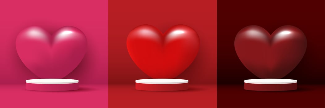 Set happy valentines day and stage podium decorated with heart shape lighting. pedestal scene with for product, cosmetic, advertising, show, award ceremony, on pink background. vector design.