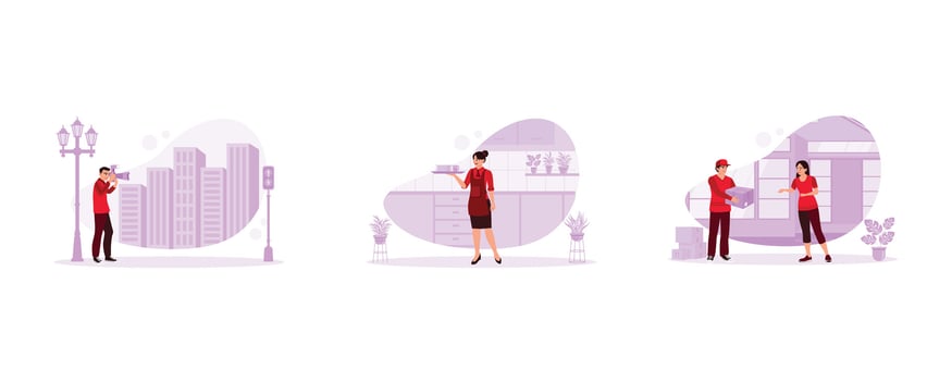 Various occupations people concept. Young photographer creates beautiful pictures. Female restaurant waitress wearing an apron. The young man works as an expedition courier. vector