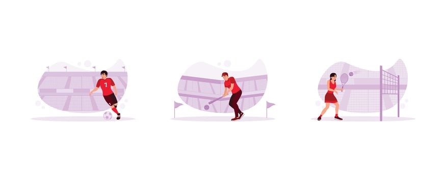 Sports athlete concept. Football teams compete in the stadium. Professional baseball players in action in a large arena. Female tennis player hitting the ball with a racket. vector