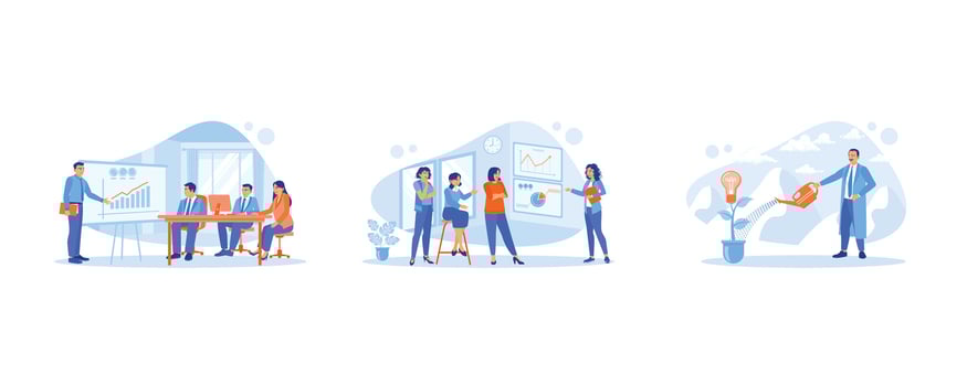 Growth Analysis concept. Hold presentations with colleagues in the meeting room. Analyze graphs, statistics and office financial data. Career growth. set flat vector modern illustration