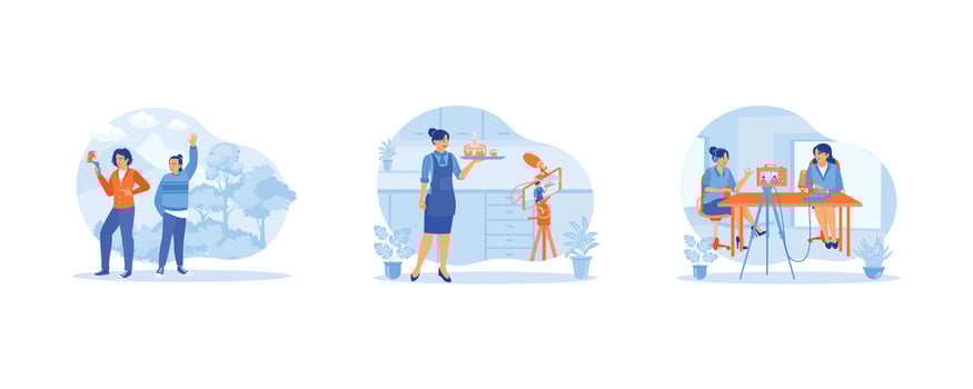 Content Creator concept. Two Vloggers make a video while on vacation. A young female vlogger is making cakes in the kitchen. Recording vlogs using a digital camera. Flat vector illustration.