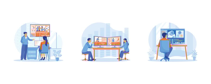 Video Editor concept. Edit videos with documentary video color correction. Creative people work in digital multimedia companies. Editing astronaut videos using software. Flat vector illustration.