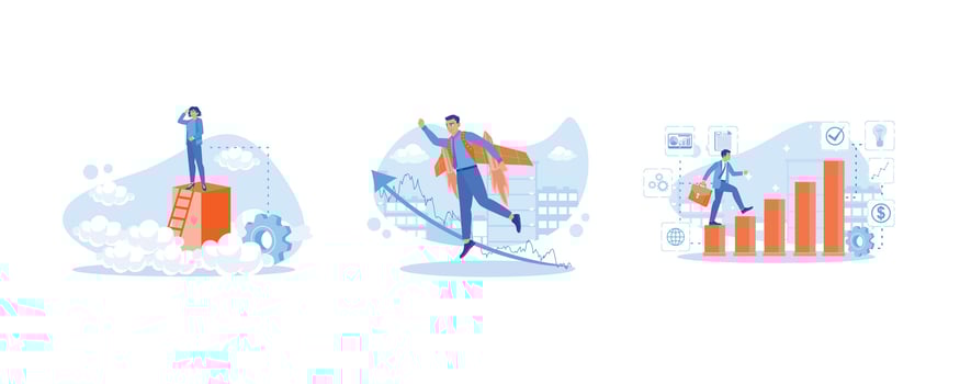 Stand on the stairs above the clouds. Fly using a jetpet. Climb the ladder to build ideas. Career Development Concept. Set Flat vector illustration.