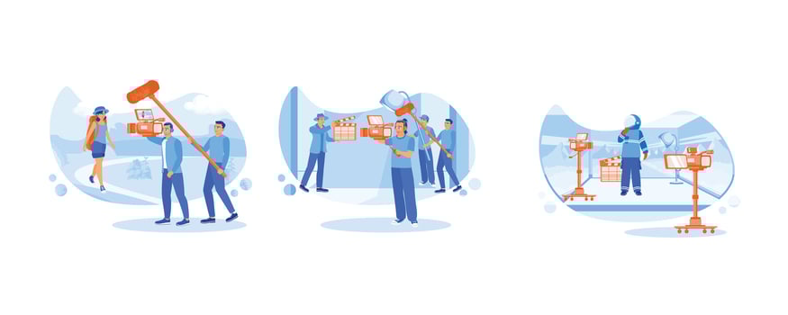 Film Production concept. young woman with a backpack on her back as a film model. Behind the scenes of the film making process. set flat vector illustration