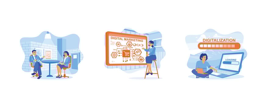 Two young business people working in a modern office.  Digital business. Digital marketing. set flat vector modern illustration