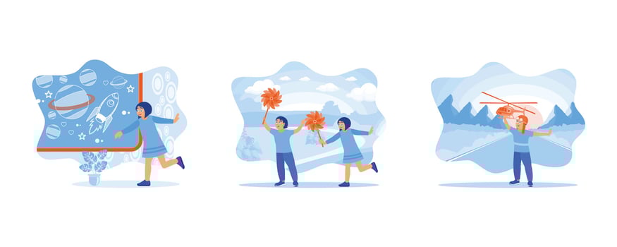International children's day. Cheerful children playing with paper windmills in the open air. Boys play with airplanes outdoors in the afternoon. set flat vector illustration.