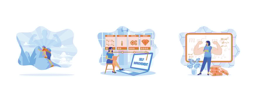 A powerful man climbs a mountain. Feeling strong. Young woman doing self improvement test online. Intelligent woman standing in front of a blackboard. set flat vector illustration.