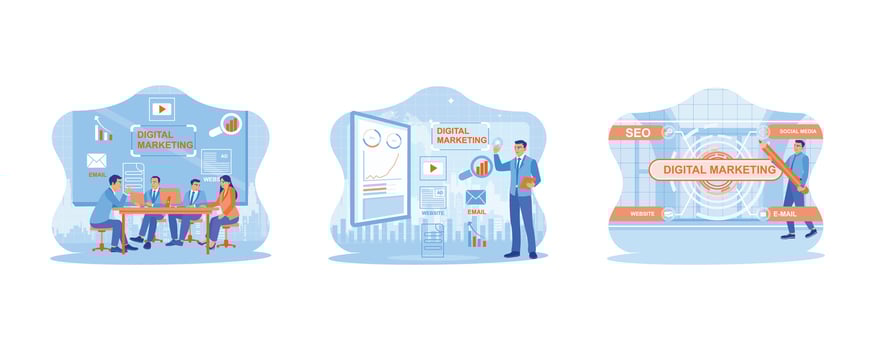 Diverse business people holding meetings in the presentation room.    Digital marketing media. Man using a giant pencil in front of a virtual screen. set flat vector modern illustration