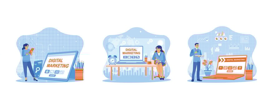 woman creates a marketing concept on the tablet screen. Businesswoman is sitting on a chair next to the table. Businessman with tablet and laptop creating marketing concept. vector