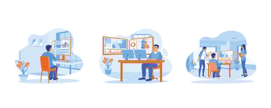 Video Editor concept. Male video editor working in the office. Expert videographers improve video quality. Colleagues discussing video projects. Set Flat vector illustration.