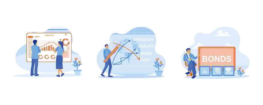 Finance control scenes concept. Analyze company finances. Create and write business concepts. Corporate Bond Banking Financial Market Management. set flat vector modern illustration