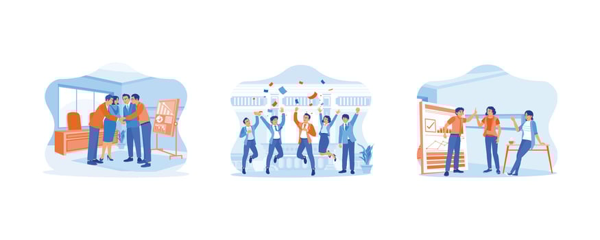 Celebrating concept. Business team standing and laying hands on each other. Marketing team celebrates business win. Happy young businessman standing near whiteboard. vector
