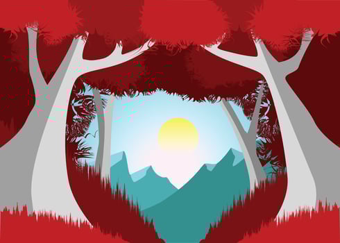 Beautiful Cartoon fantasy Landscape with sunset or sunrise in a magical red tree forest vector