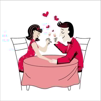A couple in love at a party at a retro style table with a heart in the background. Minimalism. Template for congratulations, invitation, banner, poster. vector
