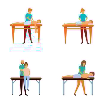 Massage procedure icons set cartoon vector. Masseur doing healing treatment vector
