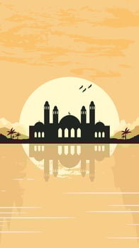 Mosque Silhouette with Mountains and Sunset in the Background vector