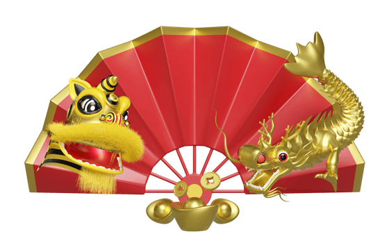 3d fan with lion dance head, dragon, chinese gold ingot, coin for festive chinese new year holiday. 3d render illustration png