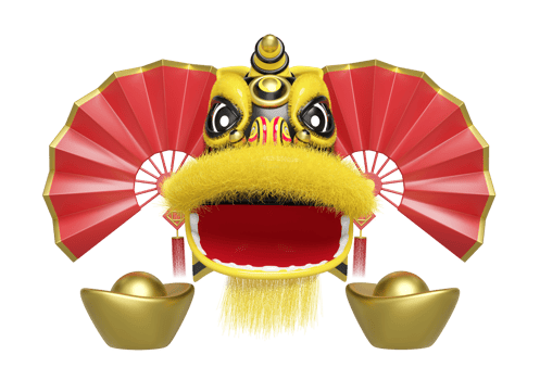 3d yellow lion dance head with fan, chinese gold ingot for festive chinese new year holiday. 3d render illustration png