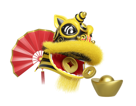 3d yellow lion dance head with fan chinese gold ingot, coin for festive chinese new year holiday. 3d render illustration png