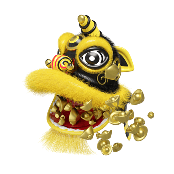 3d yellow lion dance head with chinese gold ingot for festive chinese new year holiday. 3d render illustration png