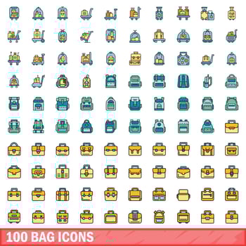 100 bag icons set, color line style vector