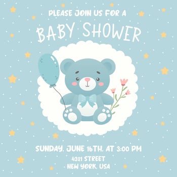 Baby shower invitation with cute bear and blue balloon. Design template invitation card for baby and kids new born celebration. vector