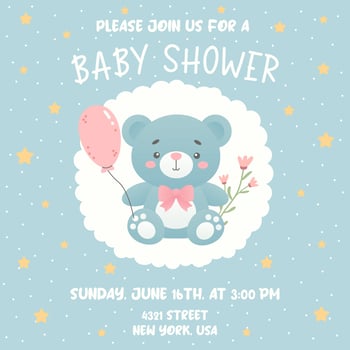 Baby shower invitation with cute bear and pink balloon. Design template invitation card for baby and kids new born celebration. vector