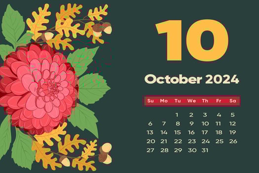 Floral October 2024 calendar template. With bright colorful flowers. vector